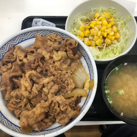 牛丼、サラダ、味噌汁