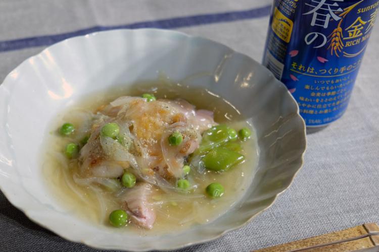 鶏の香ばし焼き、春の豆あんかけ