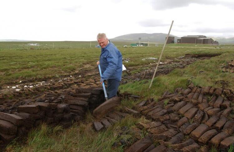 ▲泥炭地からピートを切り出して、天日で干す。ピートを焚いてその煙で発芽した大麦に煙香をつける