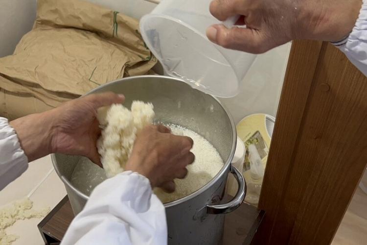 蒸した米を適温に冷まし米麹と水を発酵タンクに規定量入れてよく混ぜる